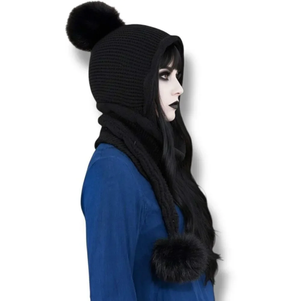 Black Knitted Head Scarf Faux Pom Pom Winter Hat NWT